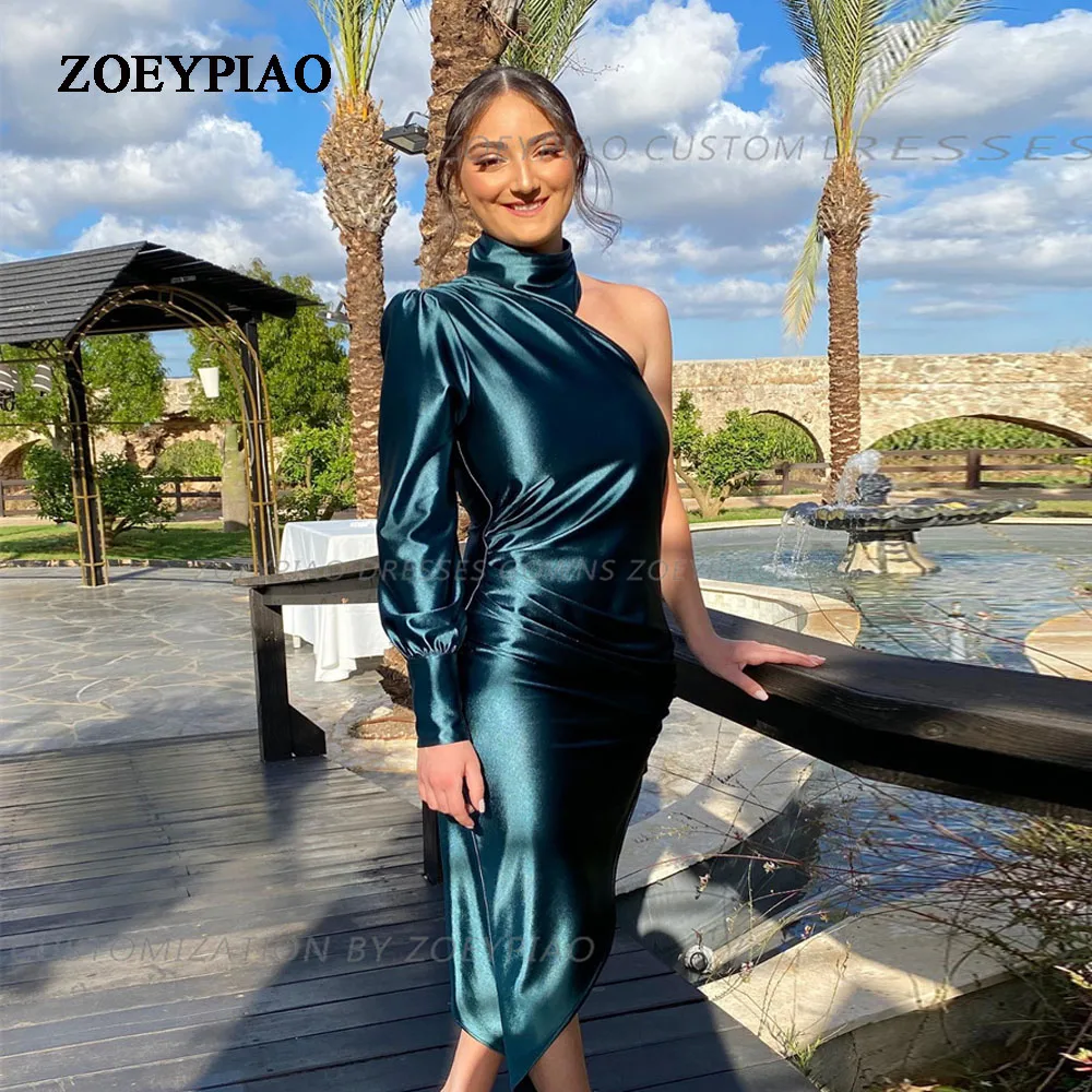 

Shiny Green Prom Dresses for Girls High Neck One Long Sleeve Pleats Cocktail Evening Party Gowns Formal Homecoming Dress