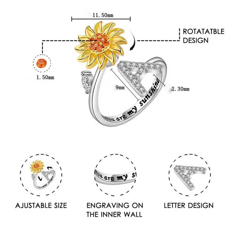 Rotating Sunflower Initial Letter Rings For Women Anti Anxiety Spinner You Are My Sunshine Stainless Steel Ring Birthday Jewelry Stainless Steel Ring Finger Ring Fidget Spinner Ring