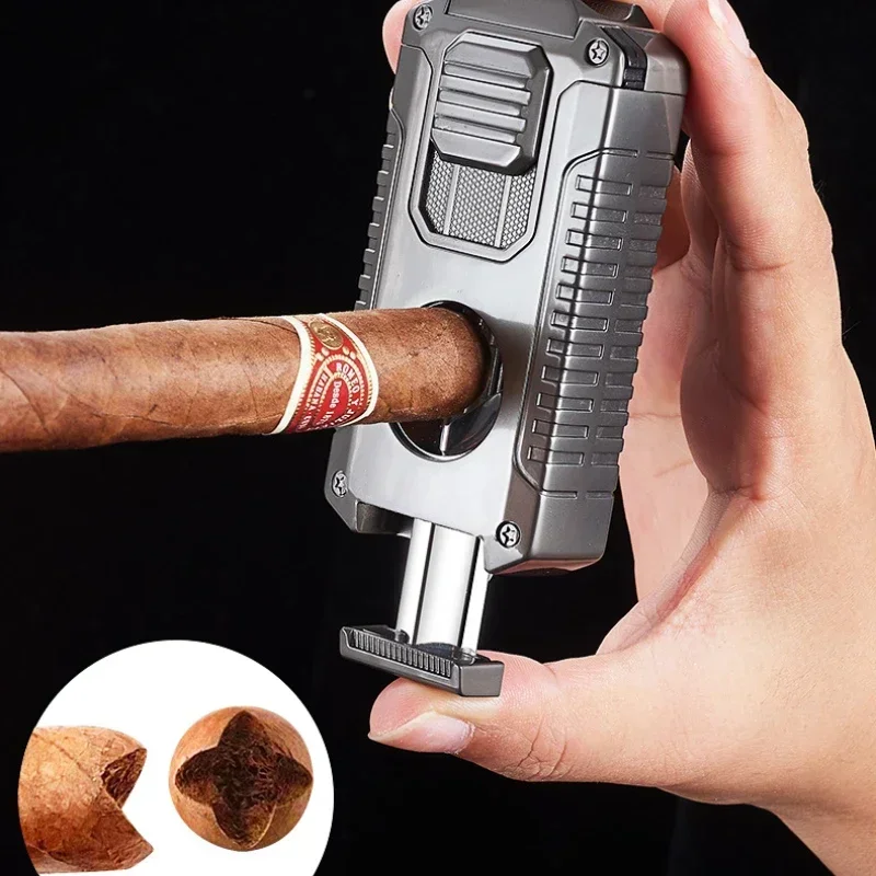 2024 Multifunctional Three-jet Flame Direct Injection Cigar Lighter with Built-in V-shaped Cigar Cutter Portable Five-in-one 6