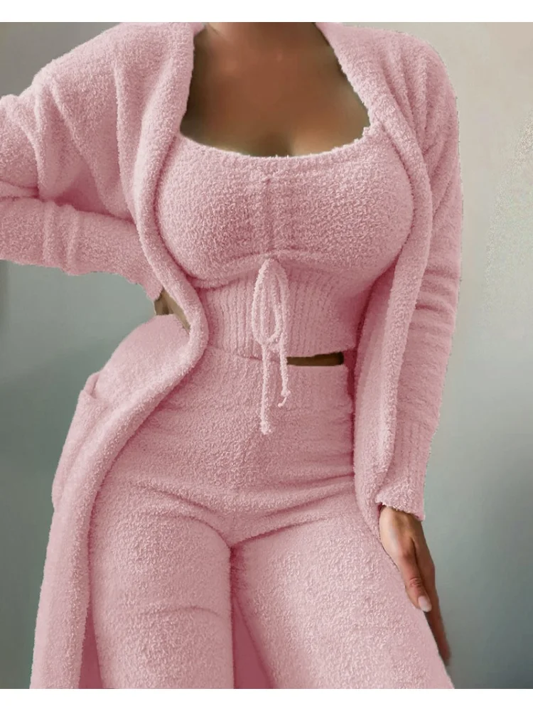 Plush Pajamas 3 Piece Set 2022 Autumn Winter Women Drawstring Vest Crop Tops Pants Long Sleeve Cardigan Home Suits Matching Sets