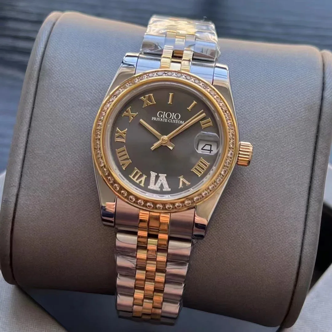 

Lady Womens Automatic Mechanical Watch Stainless Steel Calendar Silver Gold Black Green Rome Dial Diamonds Bezel 31mm