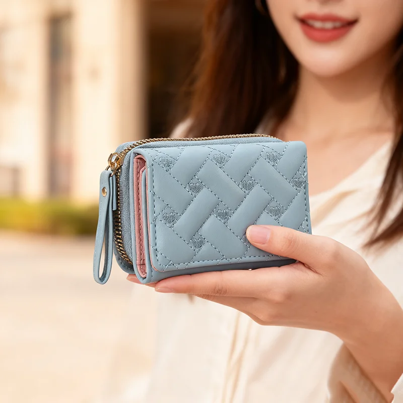 Women Wallet For PU Leather Fashion Embroidered Love Tri-fold Small Wallet Card Holder Multi-card Slot Coin Purses Interior Pink 3