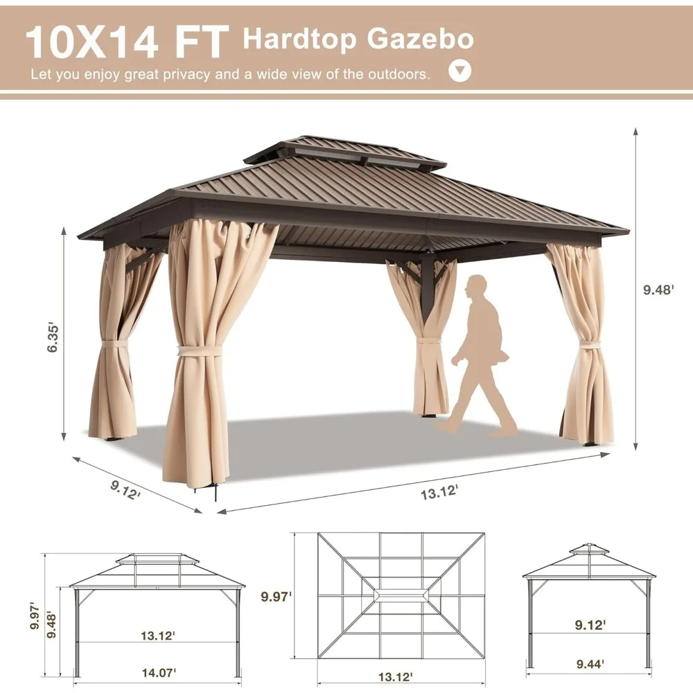 10x14 FT Hardtop Gazebo with Aluminum Frame, Galvanized Steel Double Roof Gazebo with Nettings and Curtains, Gazebos 6