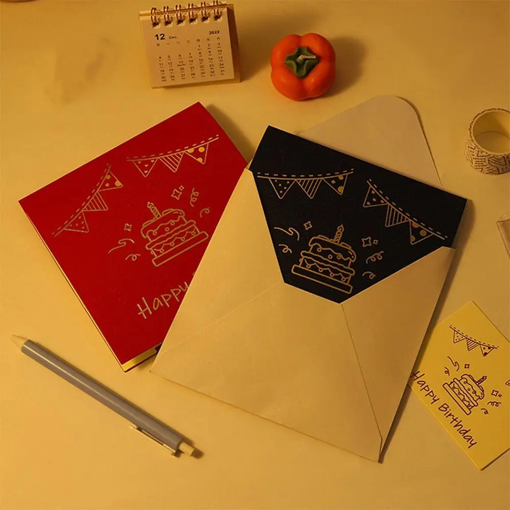 Hollow Carving 3D Cake Birthday Card Folding Unique Pop-Up Greeting Card with Envelope Funny LED Light Pop-Up Card
