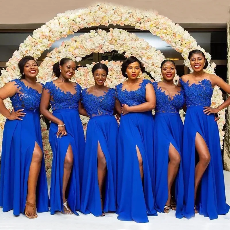 

Royal Blue Lace Bridesmaid Dresses 2023 Customize Plus Size A Line Slit Long Wedding Party Prom Gown robe de soirée de mariage