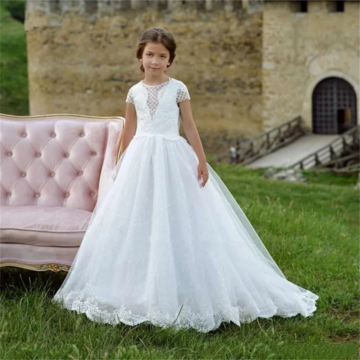 white-tulle-puffy-flower-girl-dress-for-wedding-lace-short-sleeve-floor-length-child's-first-eucharistic-birthday-party-dresses