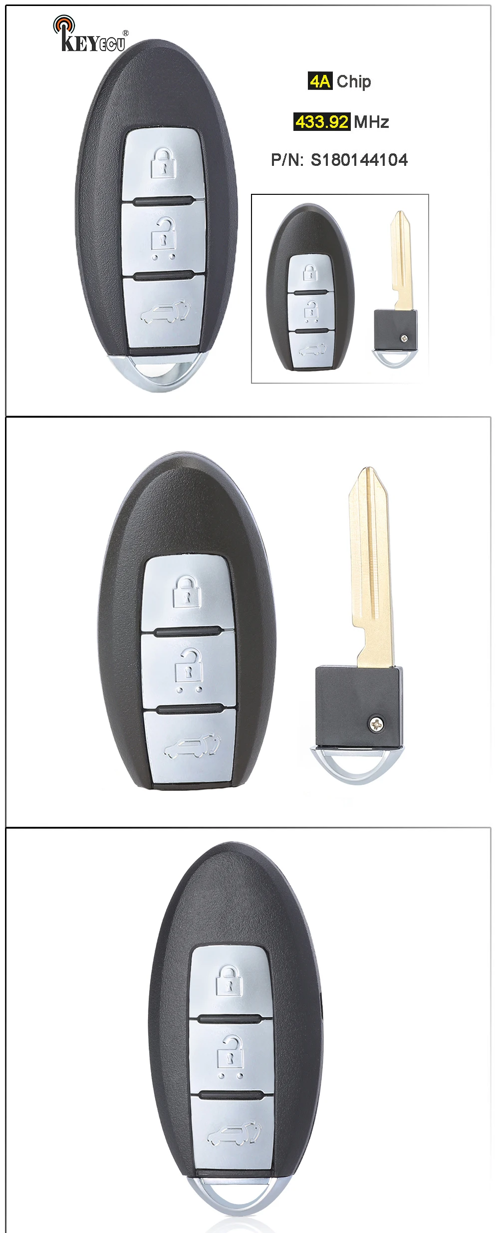Keyforkess 433.92MHz 4A P/N: S180144104 3 pulsanti Smart Remote Key Fob 3 pulsanti per Nissan Pulsar C13 Qashqai J11 X-Trail 2013-2017 - S9e9b38a0d3744d55b5cc4d6c87731783E