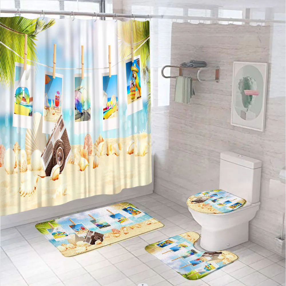 

Ocean Beach Shell Conch Shower Curtain Set Summer Tropical Sea Palm Tree Bath Screen Bathroom Mat U-Shaped Rug Lid Toilet Cover