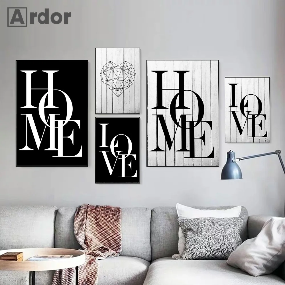 

Black White Home Quotes Love Wall Art Canvas Painting Geometric Heart Nordic Posters and Prints Wall Pictures Living Room Decor