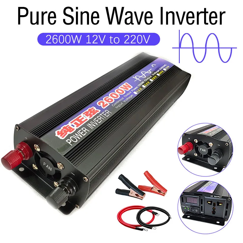

Pure Sine Wave Inverter Portable Power Bank Converter Solar Car Inverter Transformer 2600W 12V TO 220V with Universal Socket