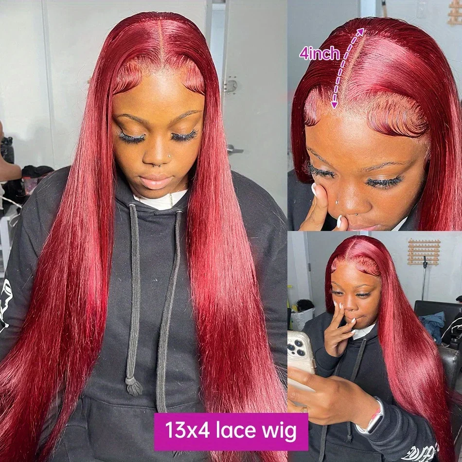 99J Colored Lace Front Human Hair Wigs Straight Burgundy 13x4 HD Transparent Full Lace Frontal Wig Red Glueless Wigs For Women 4