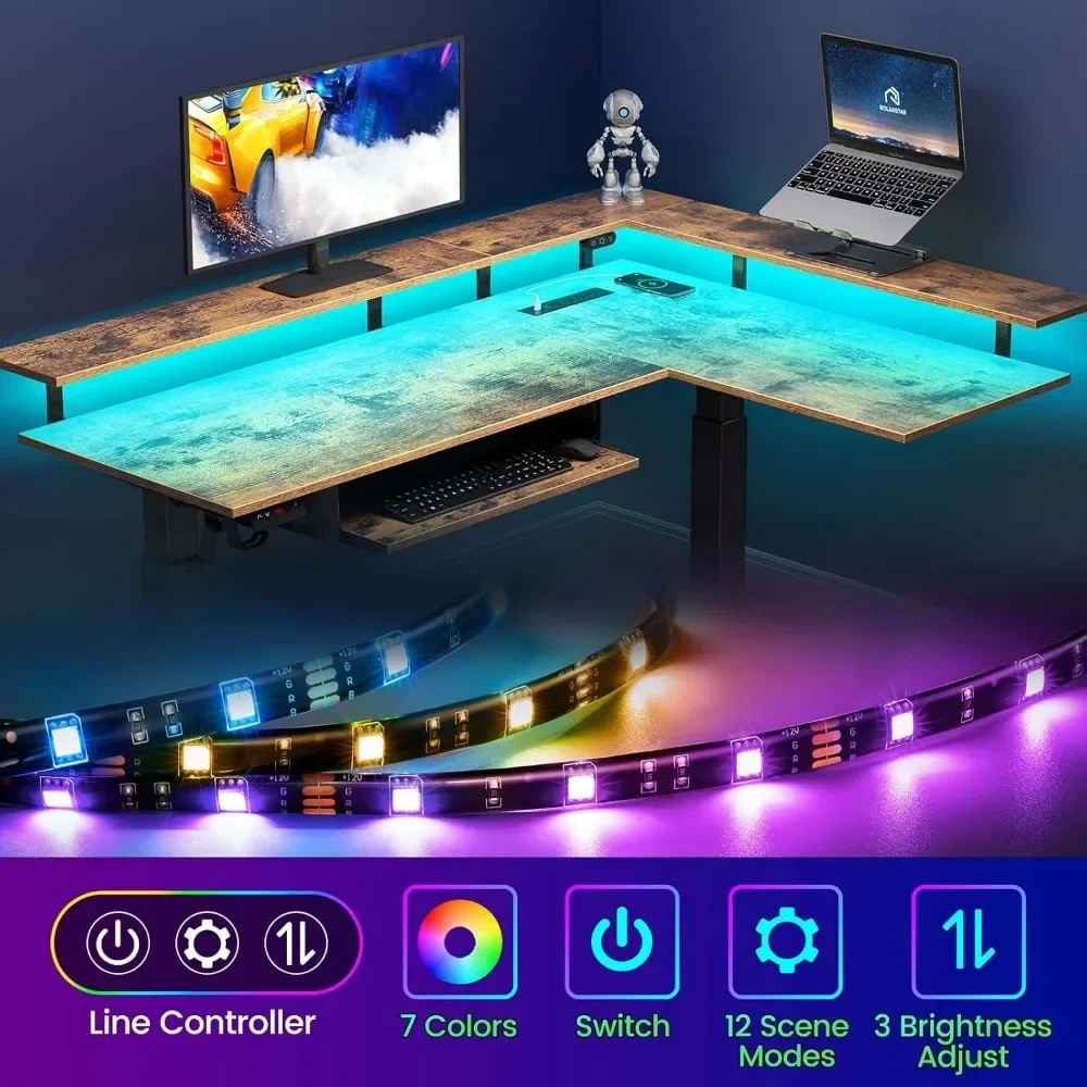 Gaming Desk, LED Light and Power Outlet, Dual Motor Height Adjustable Electric Standing Desk with Keyboard Tray, Desk Office 4