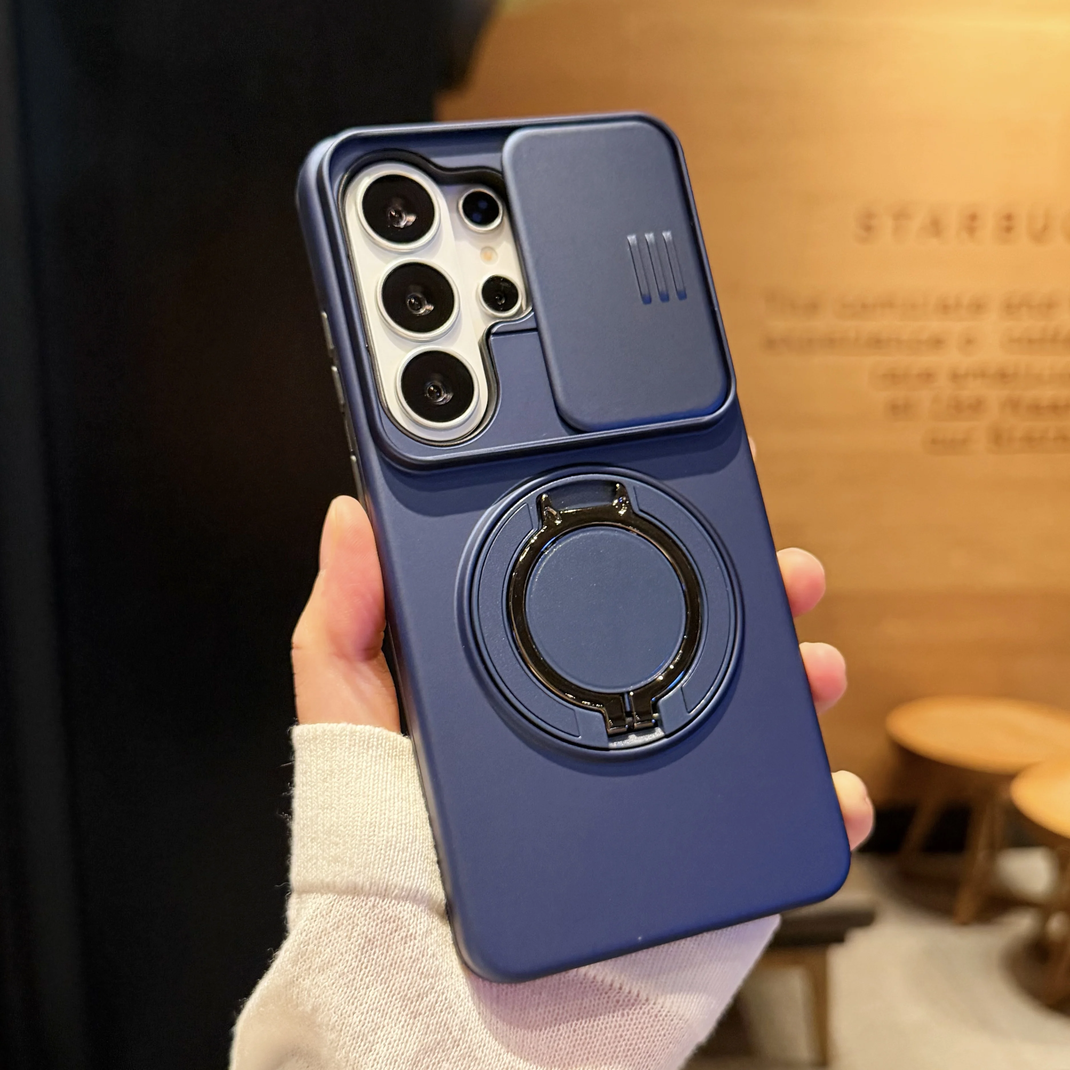 Magnetic Ring Stand Phone Case with Slide Camera Lens Protection and Dual Material Design