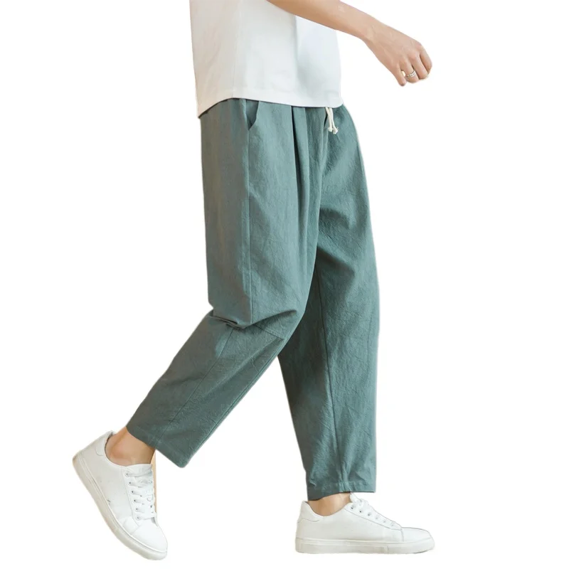 Streetwear Men Cotton Trousers Casual Solid Color Long Pants Breathable Drawstring Straight Pants Harem Pants Men Baggy Pants 5