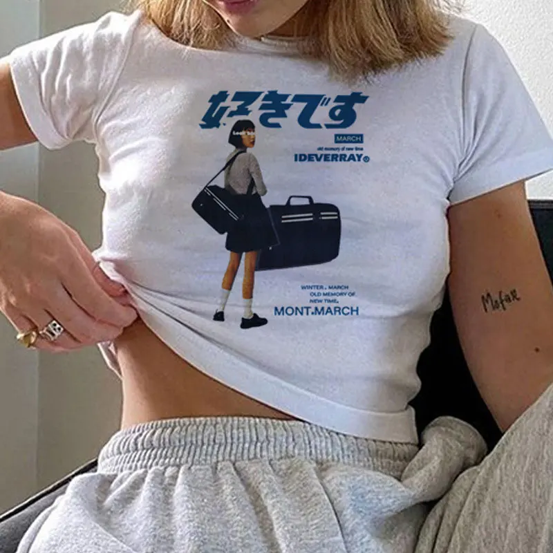 

Hip Hop Women's T-Shirt Streetwear Tops Apanese Kanji Print Short Sleeve Tees Harajuku Girls Oversized Tshirt Y2k Women Clothing