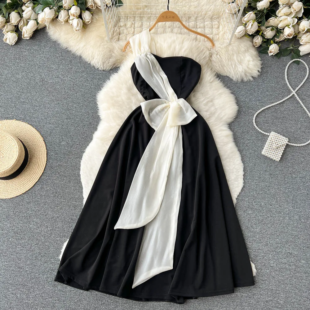 

Summer Oblique One-shoulder Black White Contrast Slim Princess Evening Dress Women New Fashion Sexy Clothes Robe Femme été J132