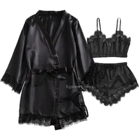 Black Sexy Women's Pajamas Satin 4-piece Lace Silk Suspender Tops Shorts Robe Pajamas Set Nightgown Underwear Nightdress Suit