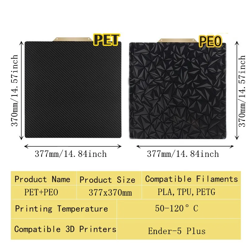 Foglio PEI 377x370mm, Piastra di Costruzione Flessibile a Doppia Faccia Testurizzata PEI + Liscia PEO, Foglio in Acciaio a Molla PET per Stampante 3D Ender-5 Plus - immagine 5