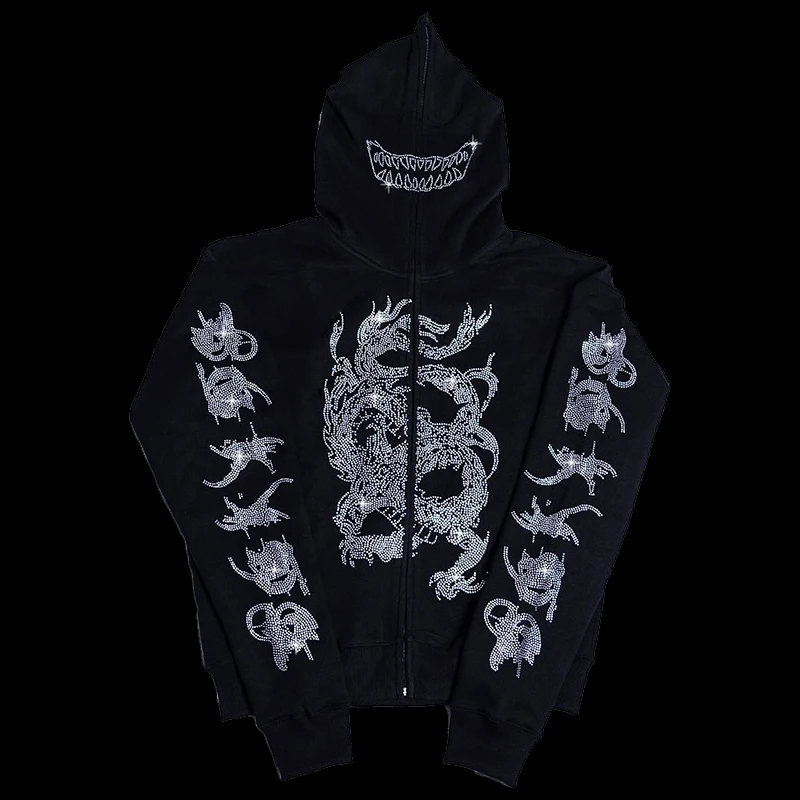 

Grunge Y2k Clothes Rhinestone Skeleton Men's Hoodie Goth Full Zip Tops Punk Jackets Sweatshirts Sudaderas 2023 Autumn Winter Top