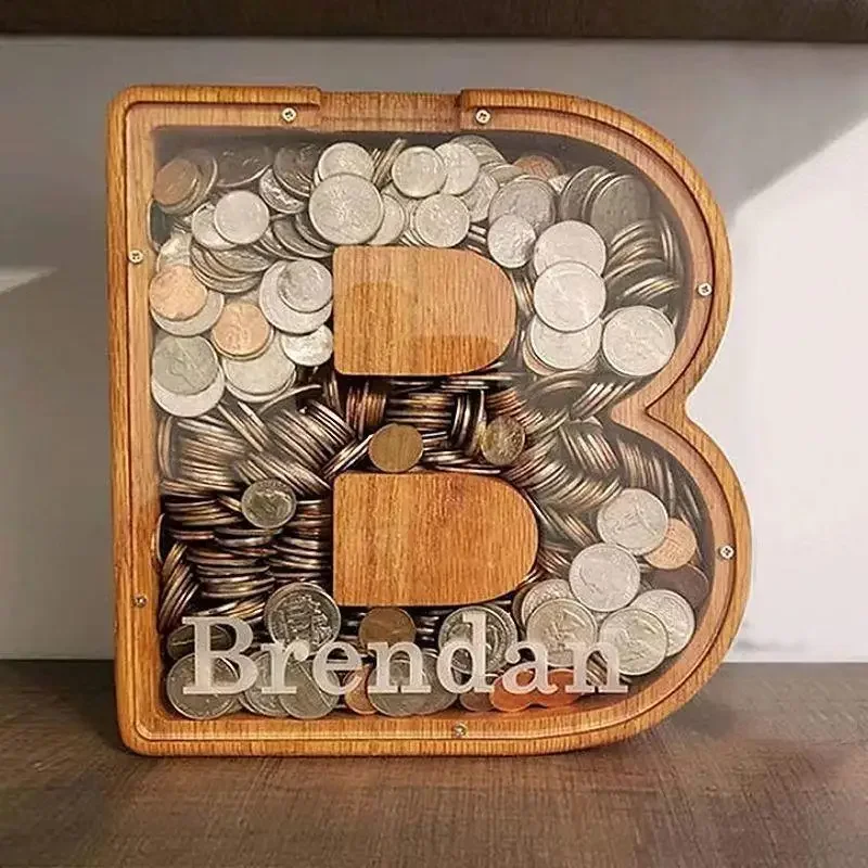 Wooden Coin Money Saving Box Jar Twenty-six Letter Piggy Bank Coins Storage Box Desktop Ornament Home Decor Crafts Xmas Gift 2
