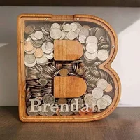 Wooden Coin Money Saving Box Jar Twenty-six Letter Piggy Bank Coins Storage Box Desktop Ornament Home Decor Crafts Xmas Gift 2