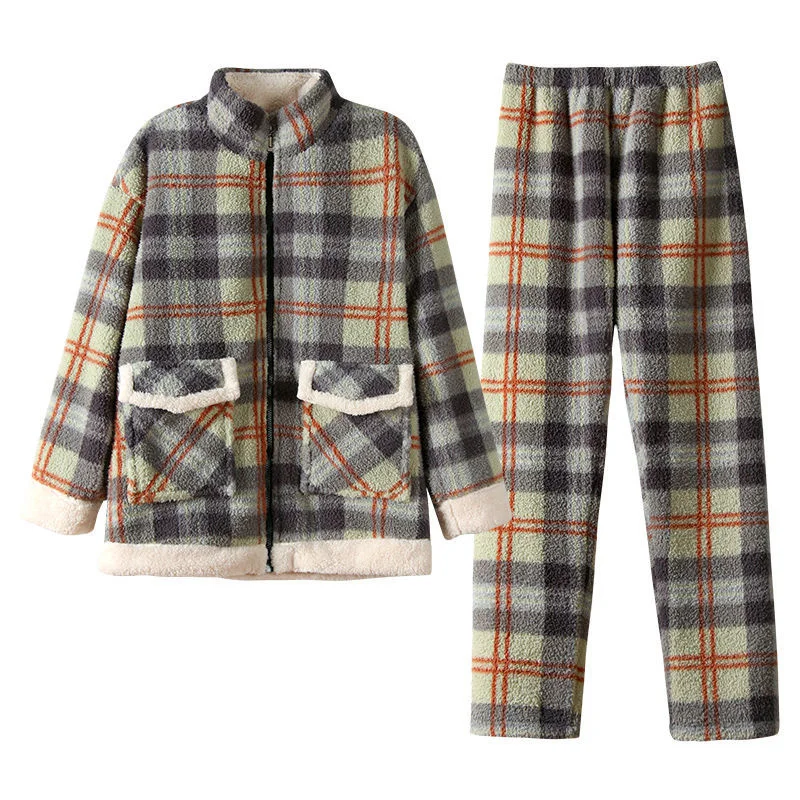 Winter Coral Velvet Pajamas Women Autumn Winter Add Velvet Padded Warm Plaid Can Be Worn Outside The Home Clothing Flannel Sets plaid patchwork pocket flannel shirt l coffee