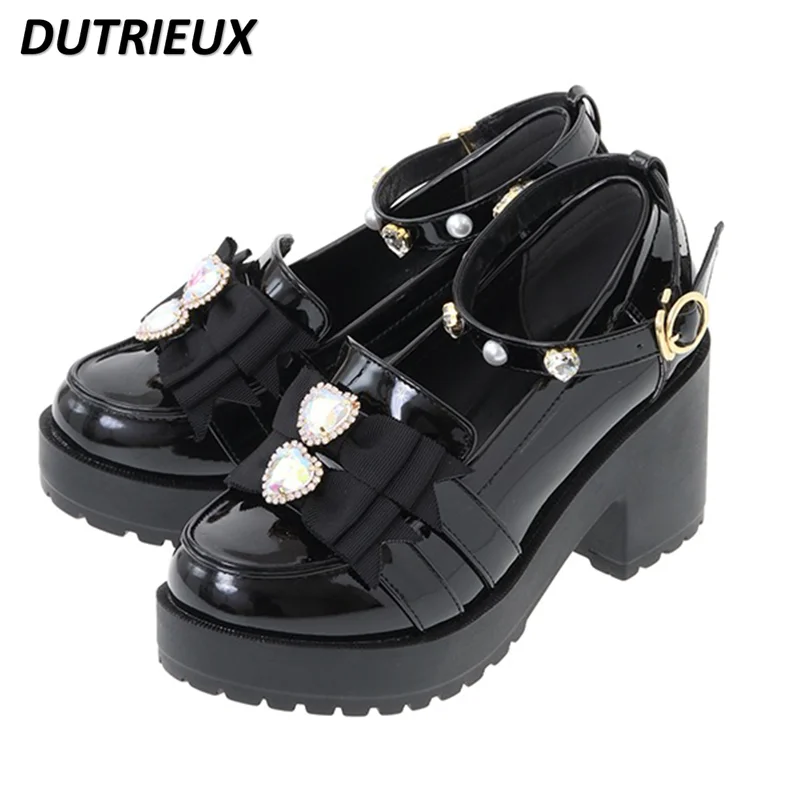 2024 Spring Summer New Rhinestone Flower Knot Muffin Shallow Mouth Round Head Chunky Heel Women's Sweet Cute Platform Shoes