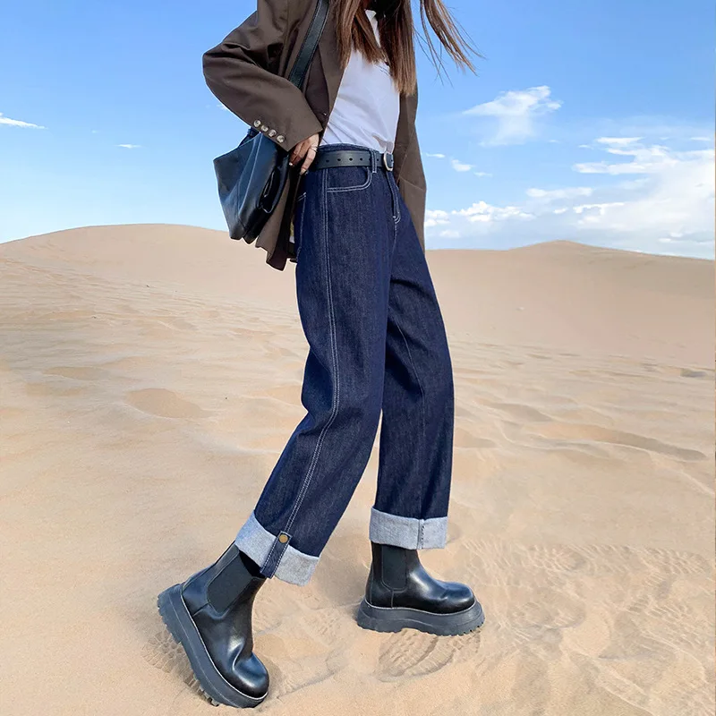 Denim Planet Blue Straight Jeans Women's Spring Autumn 2024 New High Waisted Loose Wide Leg Pants For Small Stature Slimming