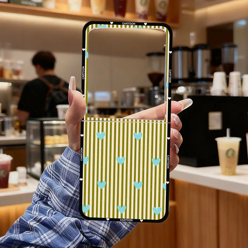 INS Korea Simple Cute Pink Love Heart Striped Clear Hard Folding Phone Case