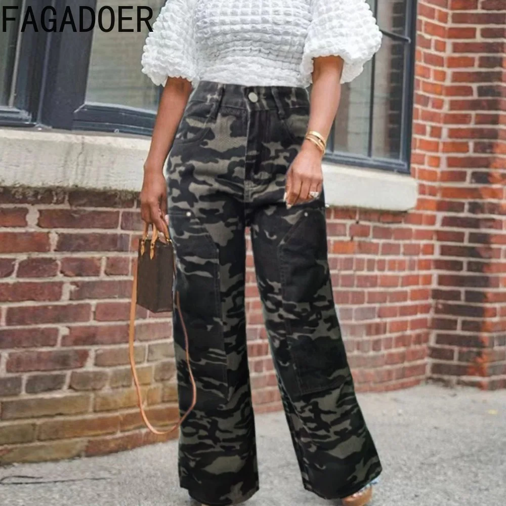 

FAGADOER fashion streetwear women camouflage print High waisted Straight denim pants casual female cowboy wide leg bottoms 2024