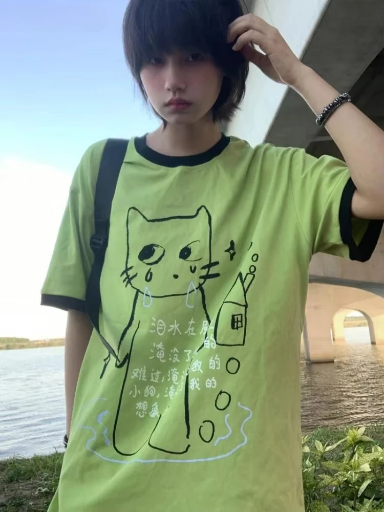 HOUZHOU Y2k Aesthetics Green Cat Juminocore Women T-Shirts Harajuku Cutecore Short Sleeve Japanese Style Tees Oversized Casual 1