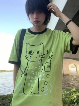 HOUZHOU Y2k Aesthetics Green Cat Juminocore Women T-Shirts Harajuku Cutecore Short Sleeve Japanese Style Tees Oversized Casual 1