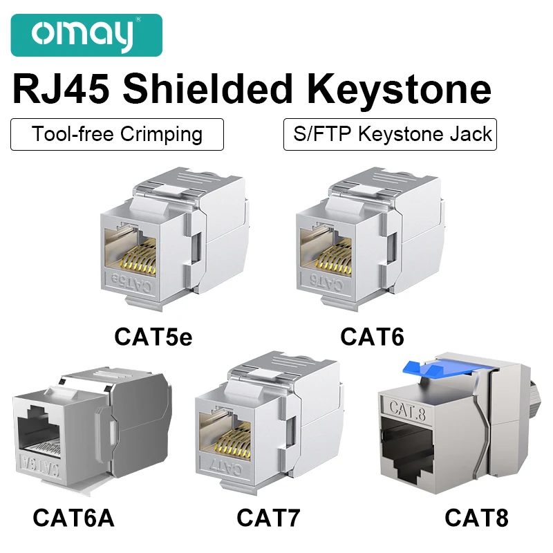 Tool-less Stp Blindado Keystone Jack Module Travamento Automático Cat6 Cat5e Adaptador de Acoplador de Rede de Liga de Zinco Omay-rj45 Cat8 Cat7 Cat6a