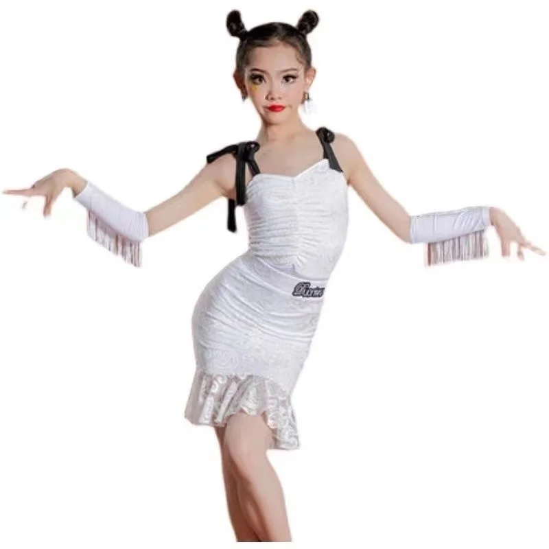 

Kids Latin Dance Clothes Girls Split Exercise Clothes Competition Mesh Dress Rumba Samba Performance Costume Tops Skirt
