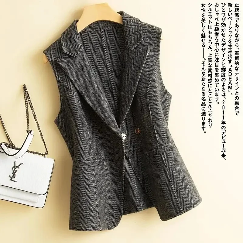 Spring Autumn Women Blazer Vest Mid Long Single Button Sleeveless