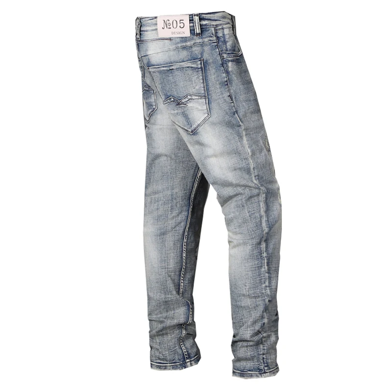 Fashion Designer Men Jeans High Quality Retro Washed Blue Stretch Slim Fit Ripped Jens Men Vintage Casual Denim Pants Hombre