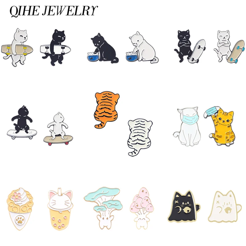 

2~4 Pieces Cat Enamel Pin Set Skateboard Animal Brooch Tiger Punk Goth White Black Lapel Kitten Badge Jewelry Kids Gifts Jewelry