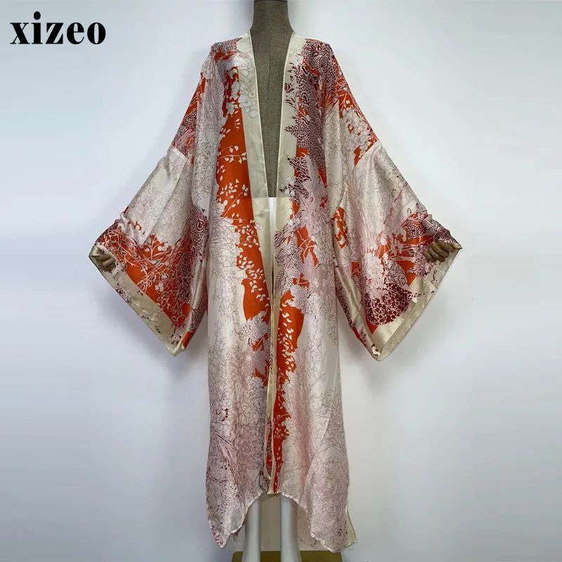 XIZEO  Summer Women Cardigan kaftan fashion sexy Boho African Holiday free size long Sleeve Silk feeling Robe kimono kaftan