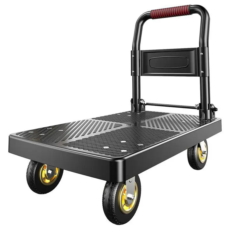 Folding cart pulling goods small trolley warehouse trailer portable four-wheeled mute shopping trolley moving flatbed trucks