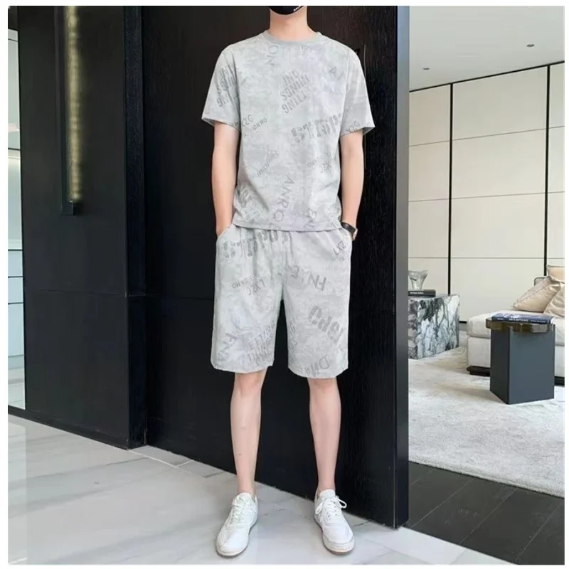Summer Cool Ice Silk Casual Sports Set for Men's Korean Style Trendy and Handsome Youth Shorts Short Sleeve T-shirt Set H0008