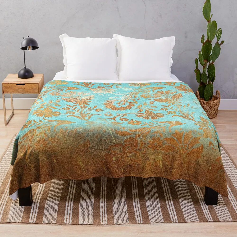 

Turquoise Glamour Faux Copper Gatsby Damask Throw Blanket Retros Custom Extra Large Throw Soft Plush Plaid Blankets