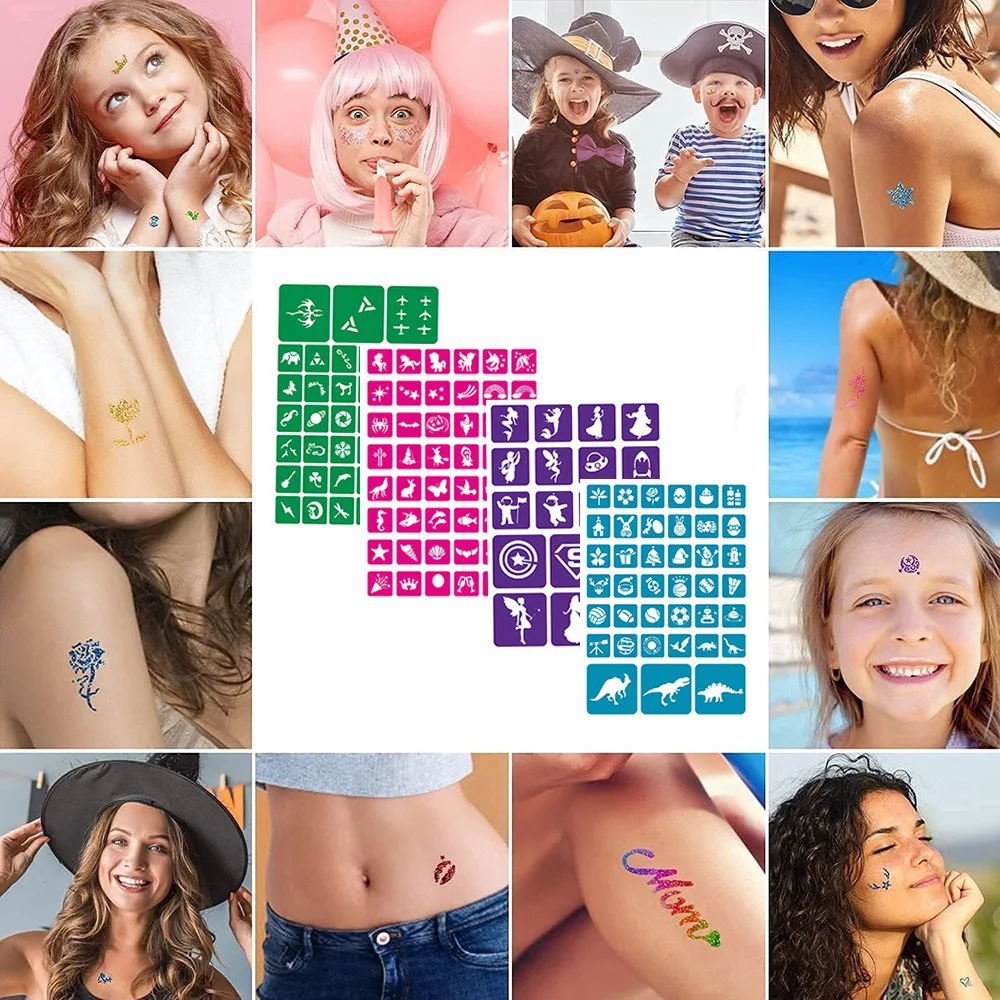 Temporary Glitter Tattoo Kit-Body & Face Art with Templates,Long Lasting & Waterproof,Festival,Rave,Cosplay,Face & Body Art - 4