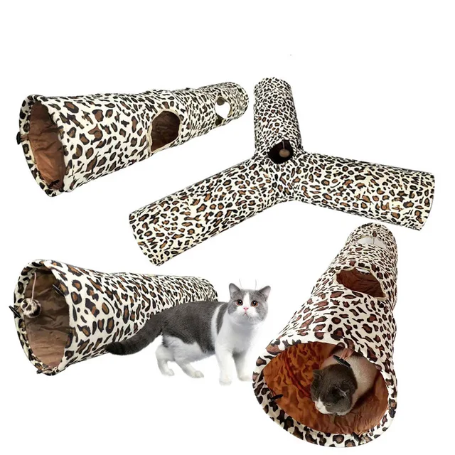 Plush Leopard Print Printed Cat Tunnel Soft and Foldable Cat Friendly Straight Through Three-way Channel Pet Cat Toy 4