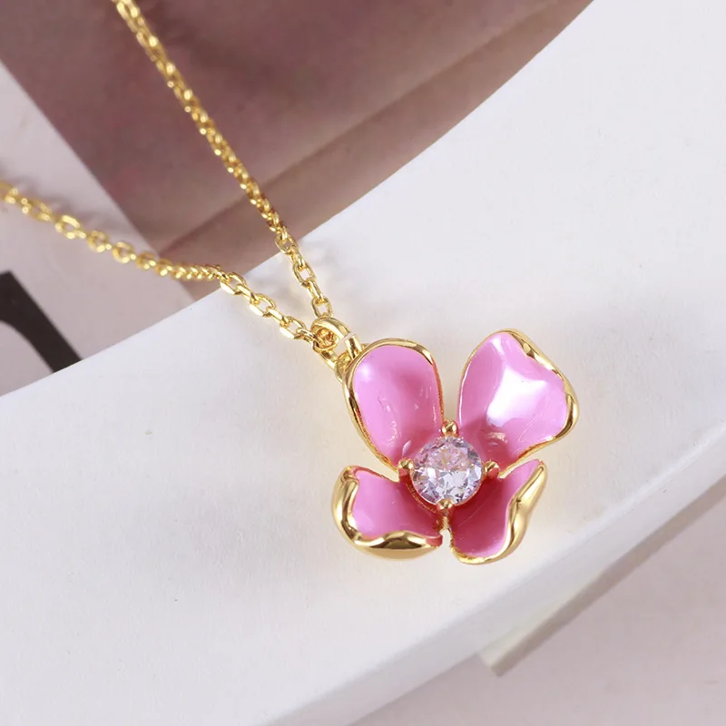 Cut Enamel Sparkling Pink Small Flowers Fresh Youthful Romantic Stud Earrings Necklace Piercing Jewelry Set Boho Trendy Korean