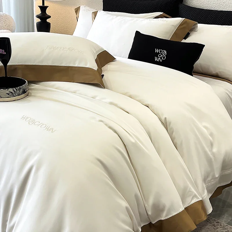 800TC Lyocell Cotton Luxury Bedding Set Soft Silky Pure Color Hotel Style Duvet Cover Bed Sheet Fitted Sheet Pillowcase 4Pcs