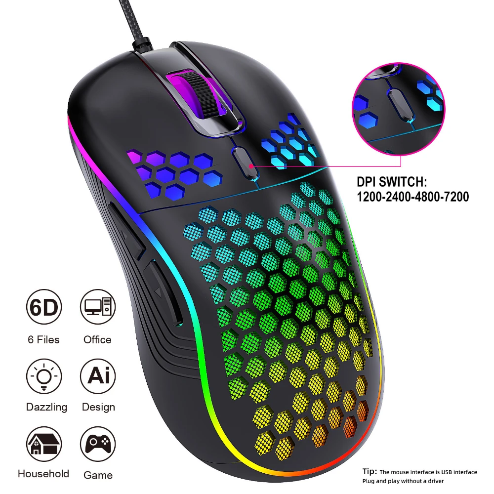 RGB 유선 게이밍 마우스, 컴퓨터 게이머 마우스, PC 노트북용, LED 백라이트 포함, 인체공학적 게임 마우스, USB 6 버튼, 7200DPI