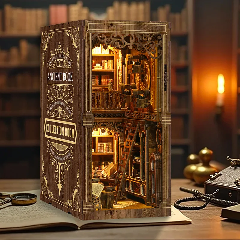 DIY Book Nook Shelf Kit Antique Book Collection Room Wooden Miniature Model Kit Handmade Casa Bookend With Light Bookshelf Gifts 3