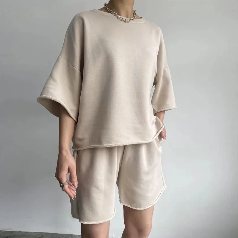 New Casual Suit Women's Half Sleeve Round Neck Loose Short Sleeve Rope Shorts Two-piece Set Korean Reviews Clothes Shorts Women