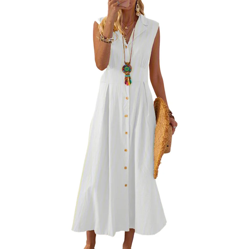Beach Dress Women Solid Color Turn Down Collar Single Breasted Sleeveless A Line Long Dresses Vacation Party Dresses