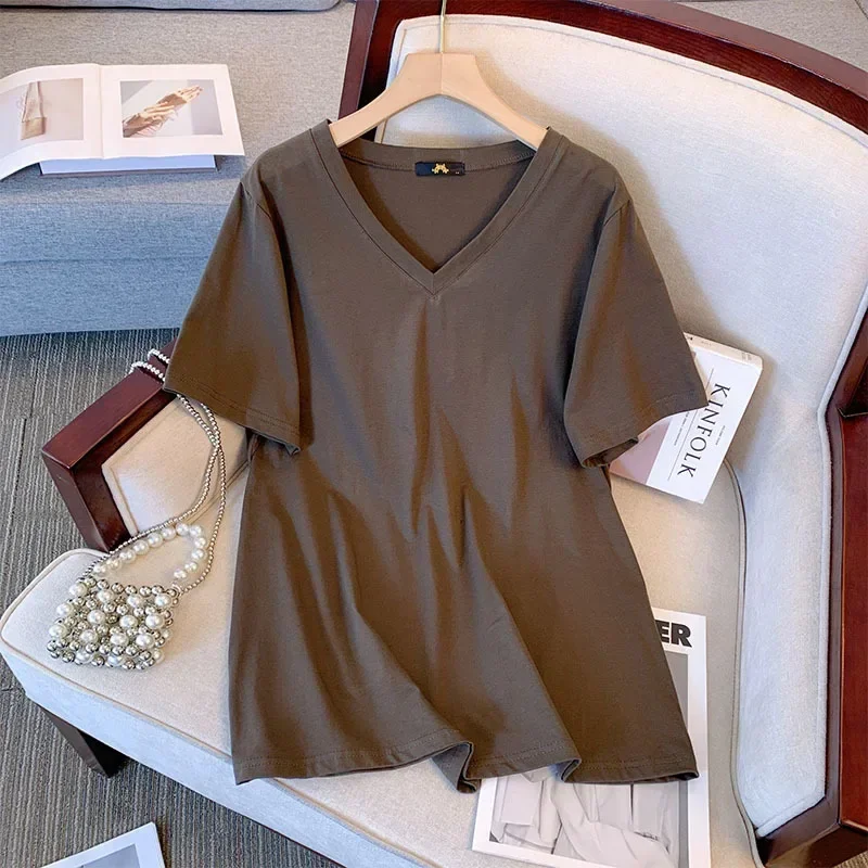 

120-350 kg large size women's fat mm summer cotton t-shirt t-shirt V-collar loose 2023 new summer black